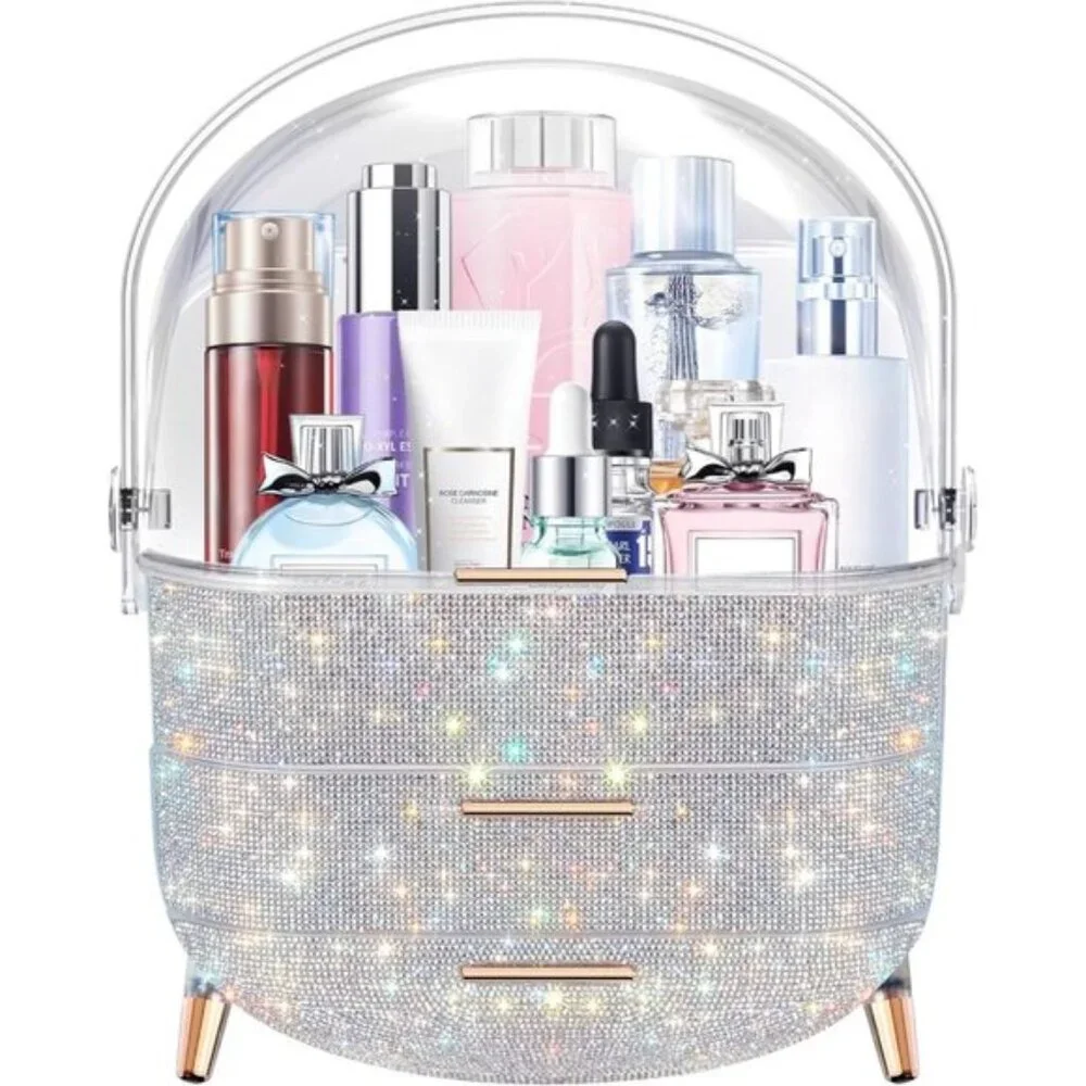 Egg Shape Makeup Storage Box, Portable Preppy Vanity Organizer with Rhinestones